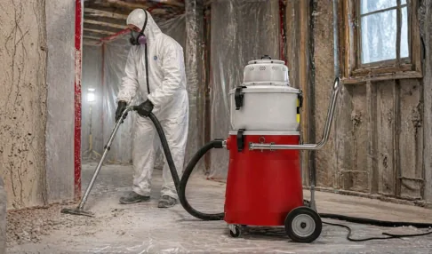 Worker in protective coveralls using the Mastercraft® Enviromaster 15 gallon wet/dry HEPA vacuum in a stripped room
