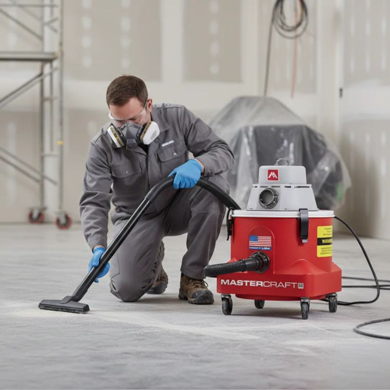 Worker in a respirator using the Mastercraft® Enviromaster 5 gallon HEPA vacuum in a renovation work area